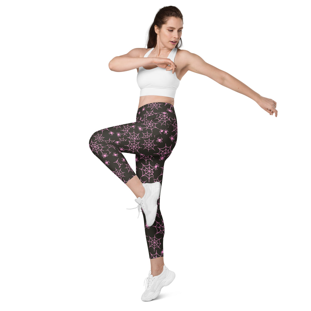 Women’s Pink Spider Web Halloween Yoga Leggings With Pockets – High-Waisted, Soft Compression Active Pants