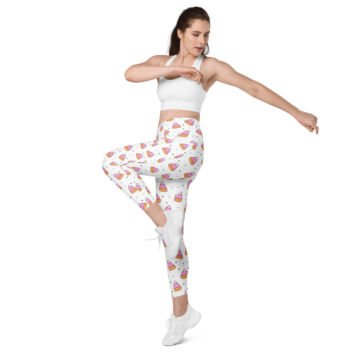 Women’s Pink Candy Corn Halloween Yoga Leggings With Pockets – High-Waisted, Soft Compression Active Pants