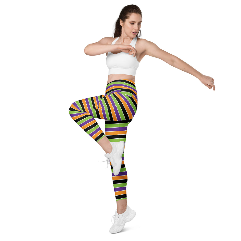 Women’s Colorful Halloween Striped Yoga Leggings With Pockets – High-Waisted, Soft Compression Active Pants