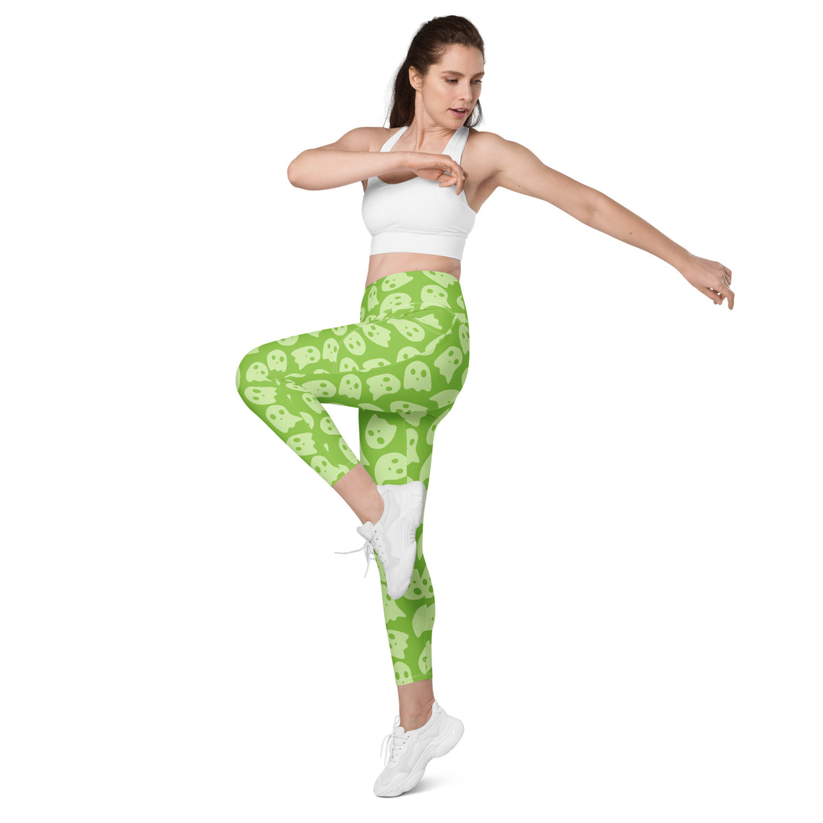 Women’s Green Ghost Halloween Yoga Leggings With Pockets – High-Waisted, Soft Compression Active Pants