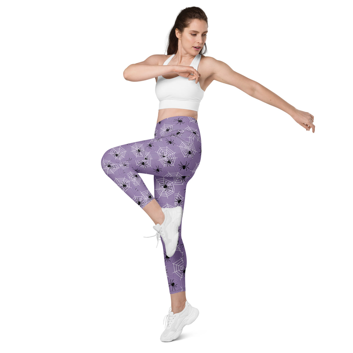 Women’s Dark Purple Spider Web Halloween Yoga Leggings With Pockets – High-Waisted, Soft Compression Active Pants