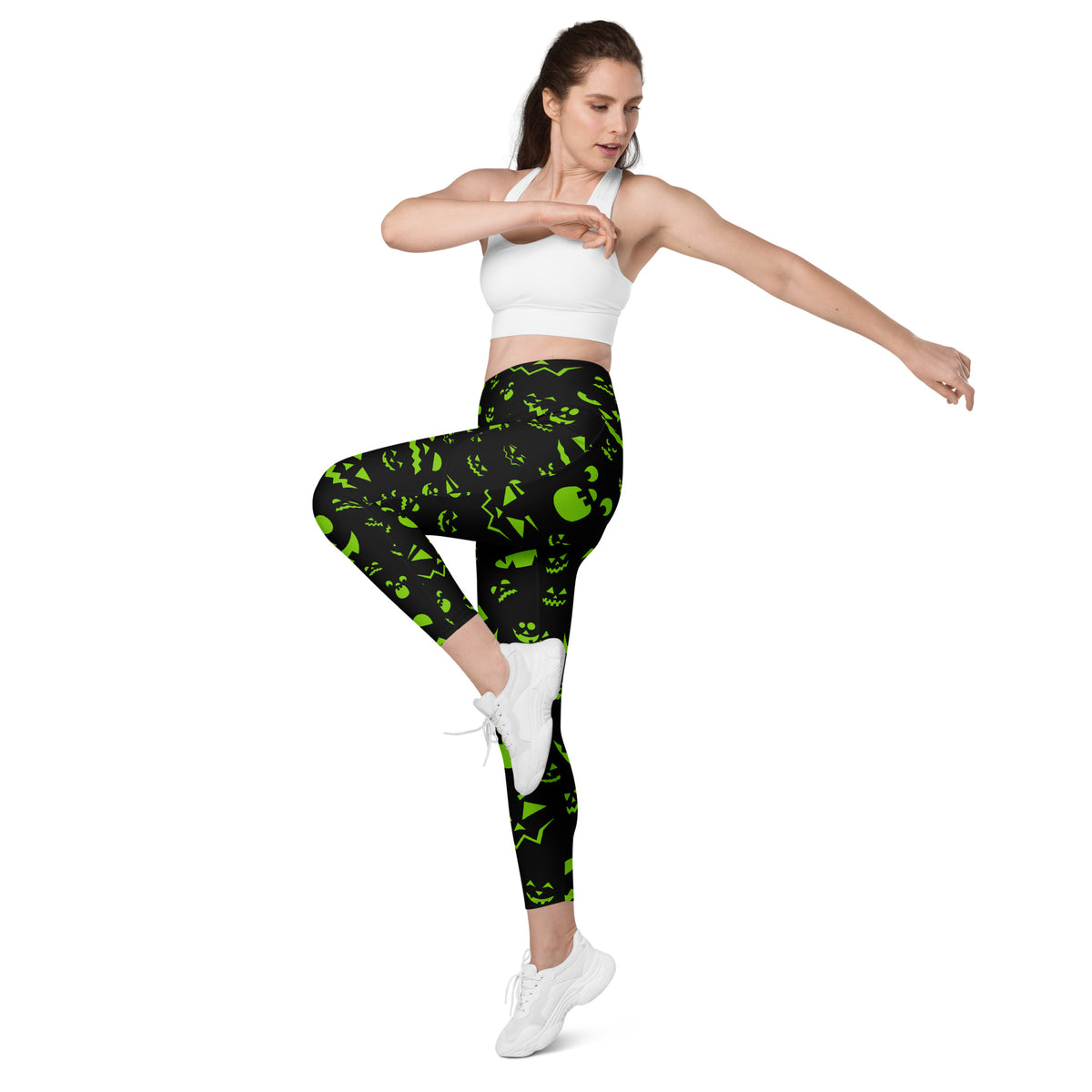 Women’s Green Jack O’ Lantern Faces Halloween Yoga Leggings With Pockets – High-Waisted, Soft Compression Active Pants