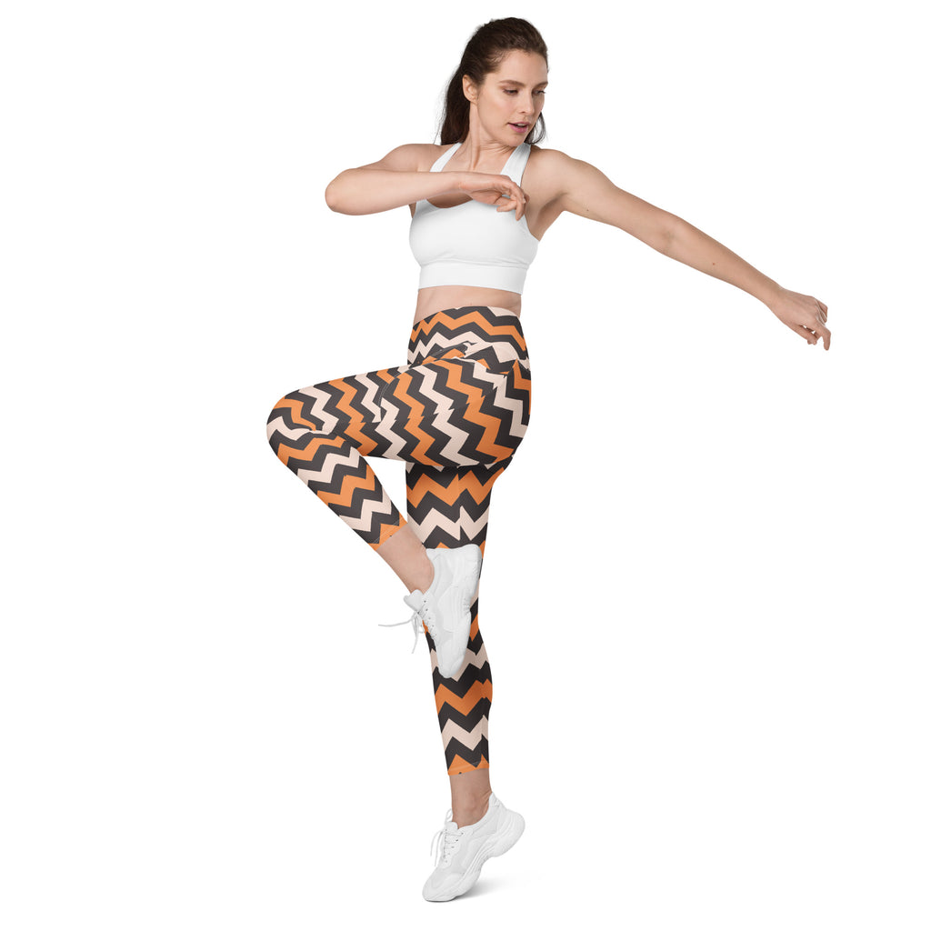 Women’s Orange & Beige Chevron Halloween Yoga Leggings With Pockets – High-Waisted, Soft Compression Active Pants