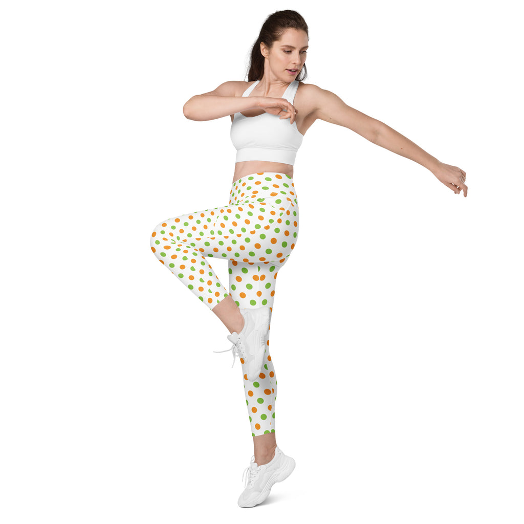 Women’s Orange & Green Polka Dot Halloween Yoga Leggings With Pockets – High-Waisted, Soft Compression Active Pants