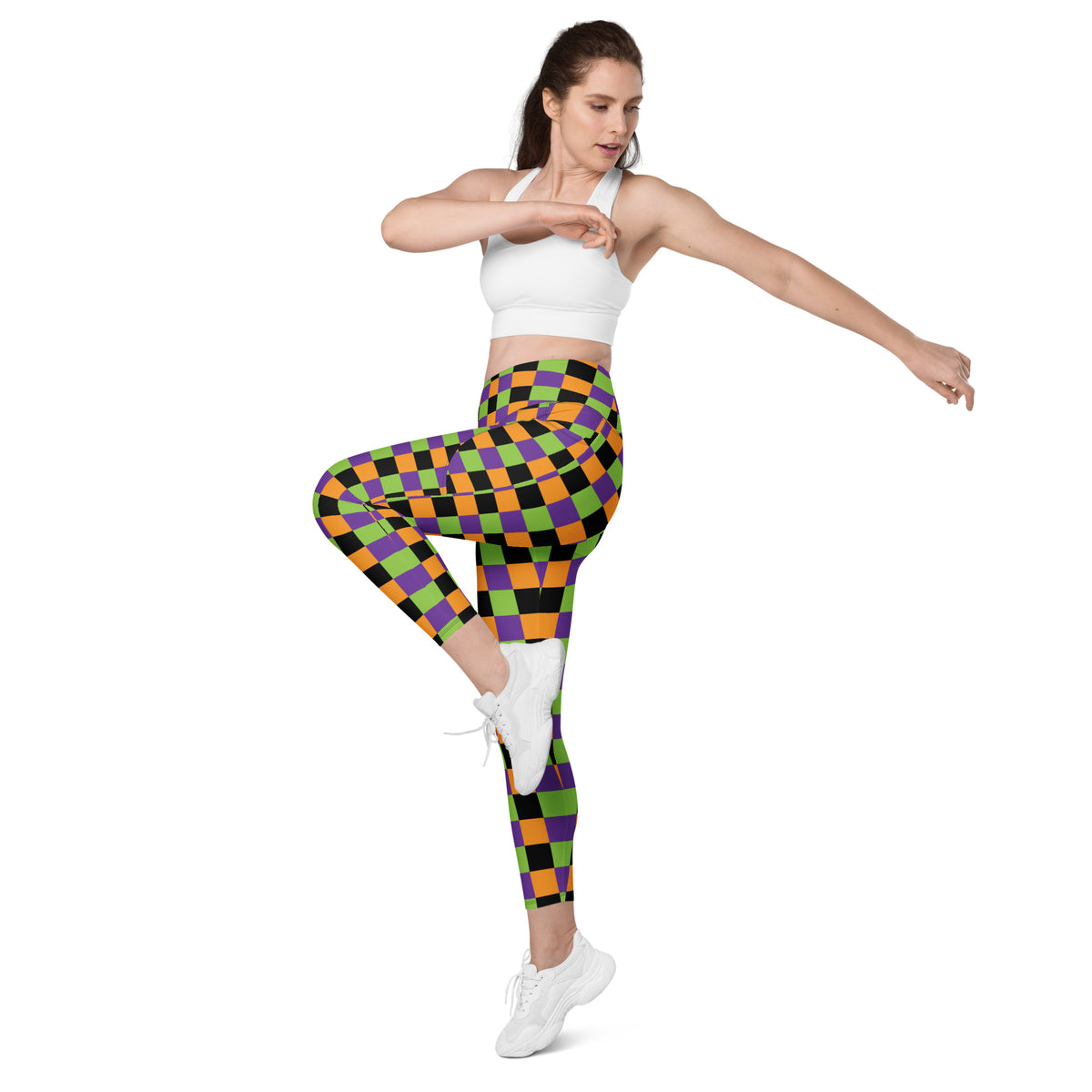 Women’s Colorful Checkered Halloween Yoga Leggings With Pockets – High-Waisted, Soft Compression Active Pants
