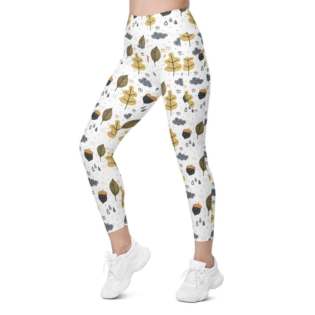Women’s Fall Leaves & Acorn Yoga Leggings With Pockets – High-Waisted, Soft Compression Active Pants