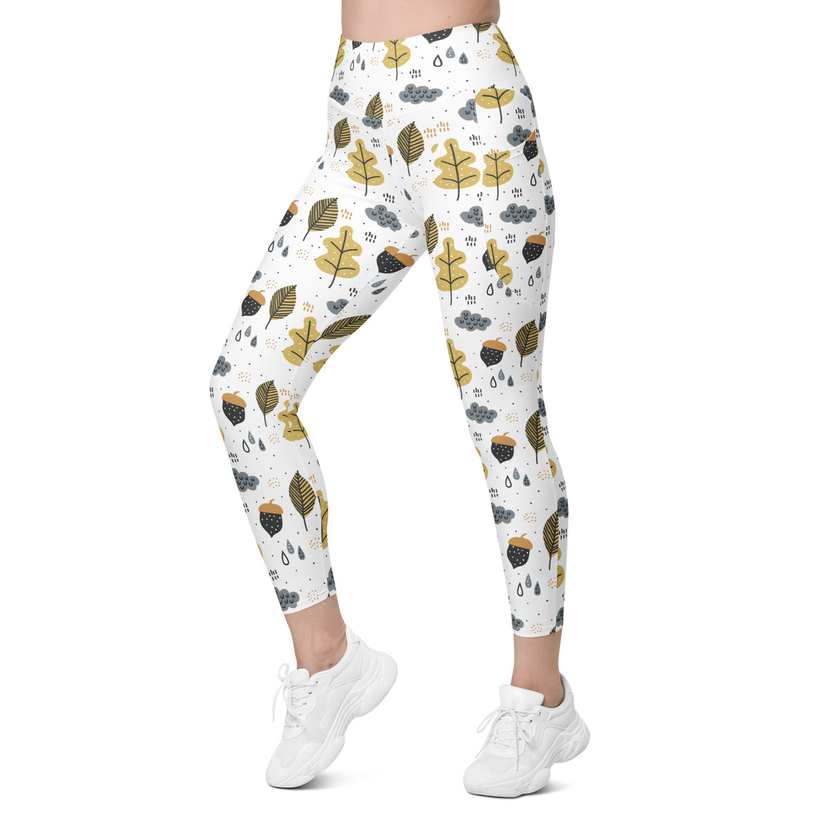 Women’s Fall Leaves & Acorn Yoga Leggings With Pockets – High-Waisted, Soft Compression Active Pants