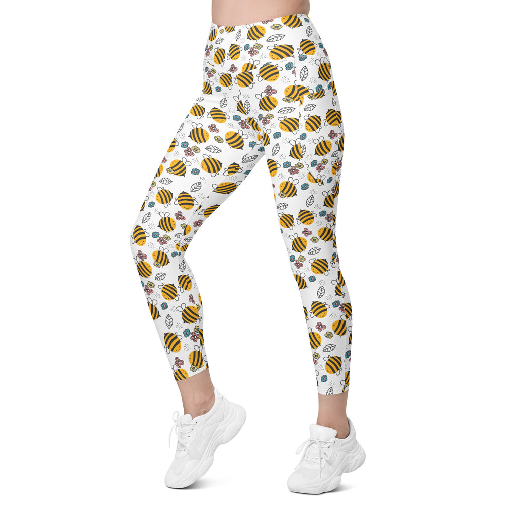 Women’s Happy Yellow Bees Yoga Leggings With Pockets – High-Waisted, Soft Compression Active Pants