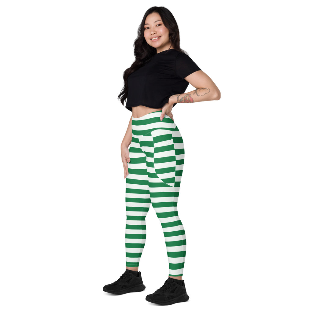 Women’s Striped Green Christmas Yoga Leggings With Pockets – High-Waisted, Soft Compression Active Pants