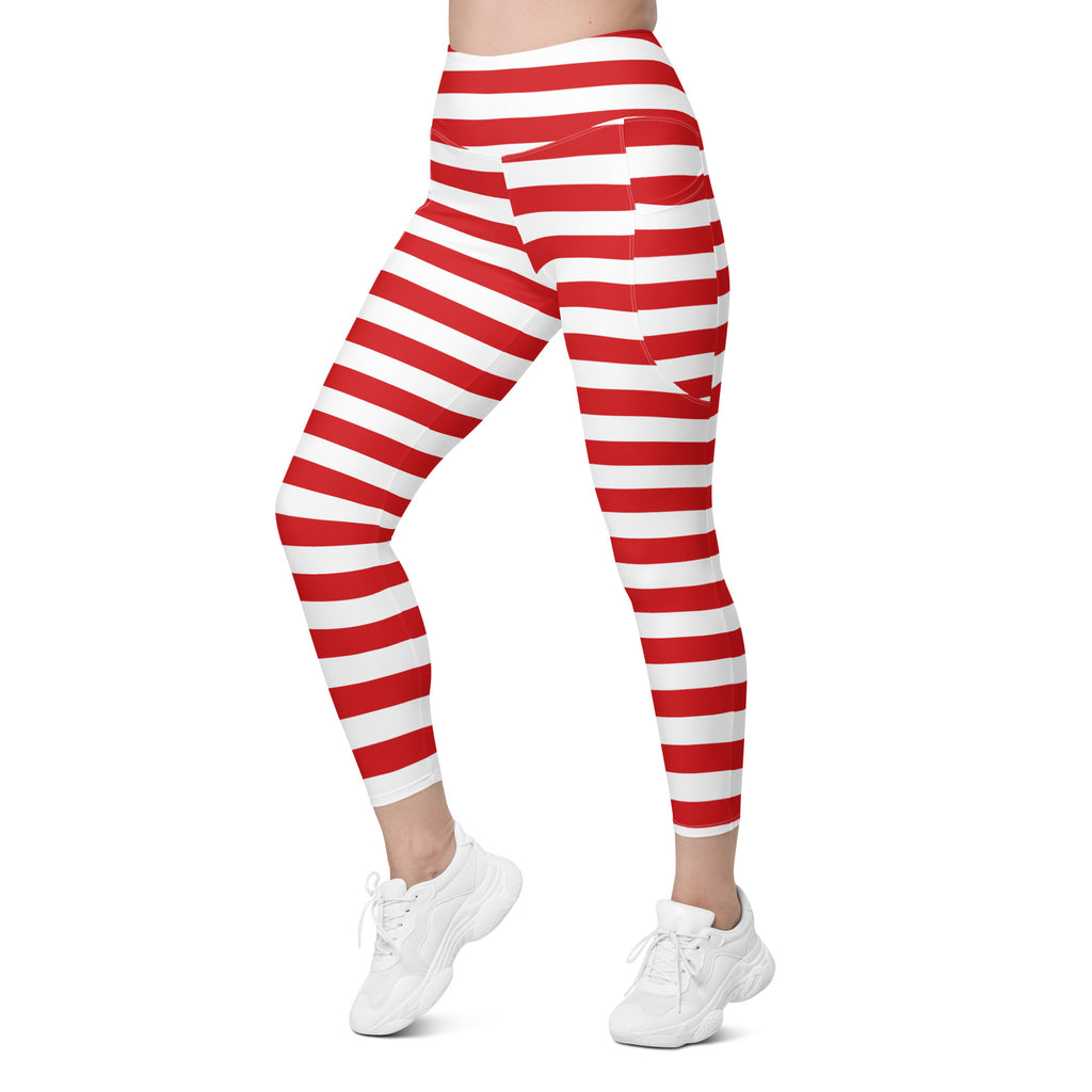 Women’s Striped Red Christmas Yoga Leggings With Pockets – High-Waisted, Soft Compression Active Pants