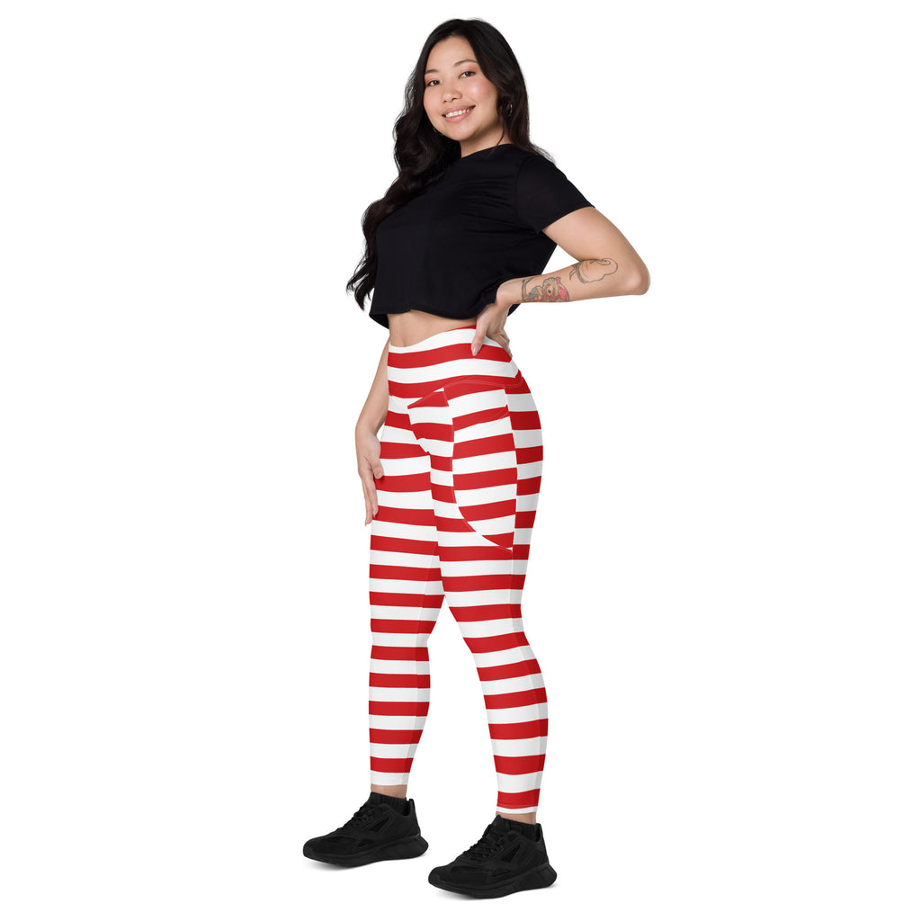 Women’s Striped Red Christmas Yoga Leggings With Pockets – High-Waisted, Soft Compression Active Pants