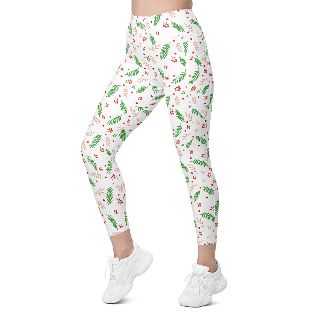 Women’s Christmas Holly Berry Yoga Leggings With Pockets – High-Waisted, Soft Compression Active Pants