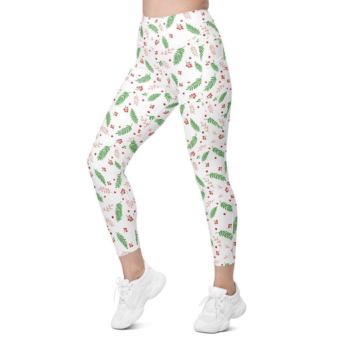 Women’s Christmas Holly Berry Yoga Leggings With Pockets – High-Waisted, Soft Compression Active Pants