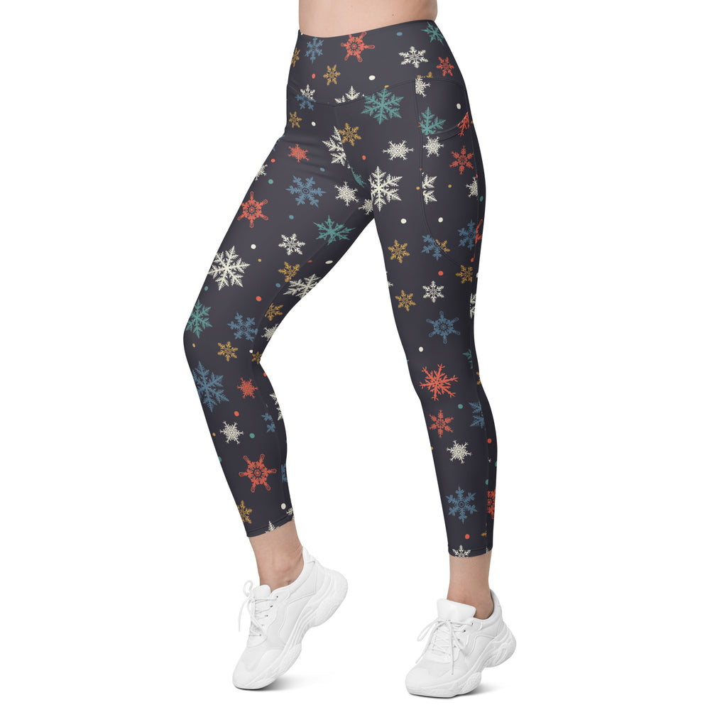 Women’s Colorful Snowflake Christmas Yoga Leggings With Pockets – High-Waisted, Soft Compression Active Pants