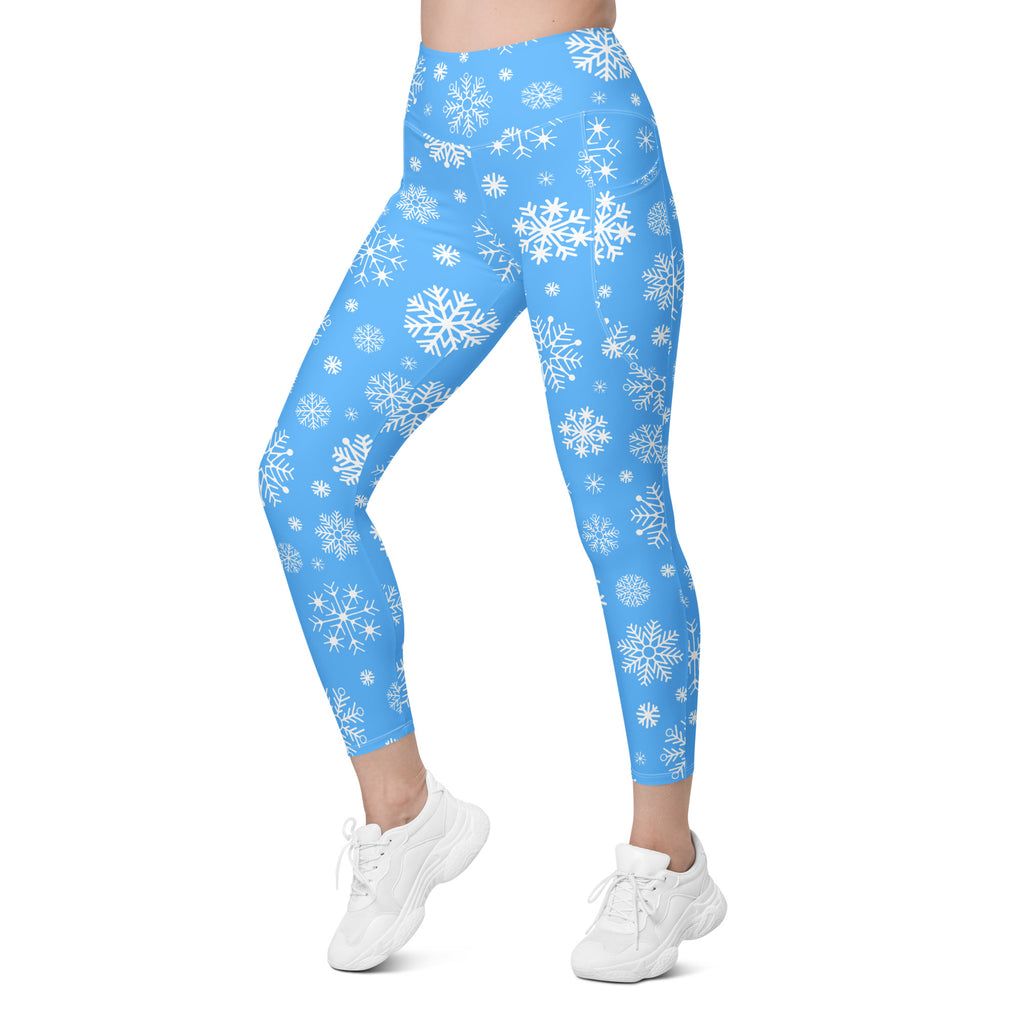 Women’s Blue Snowflake Christmas Yoga Leggings With Pockets – High-Waisted, Soft Compression Active Pants