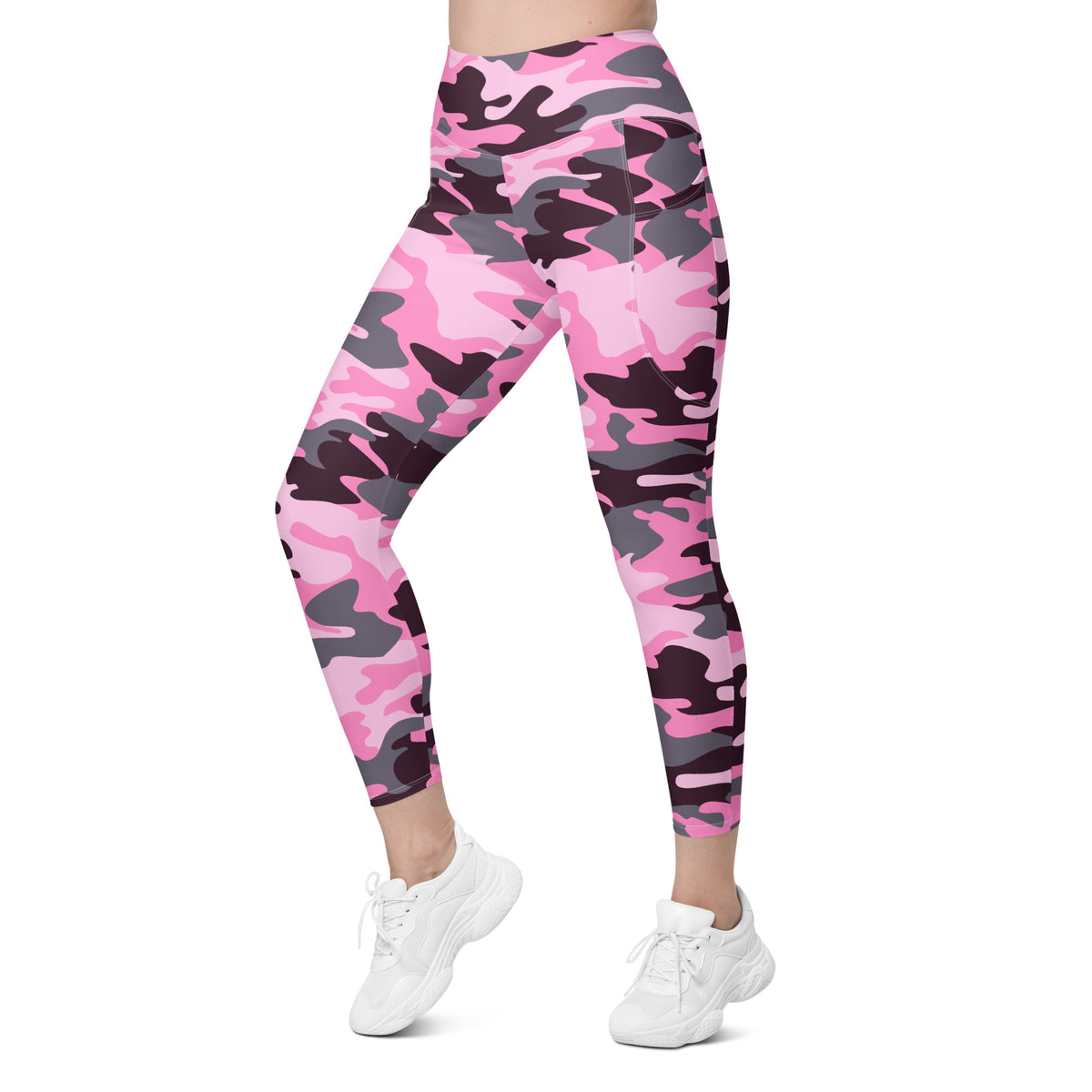Women’s Pink Camouflage Yoga Leggings With Pockets – High-Waisted, Soft Compression Active Pants