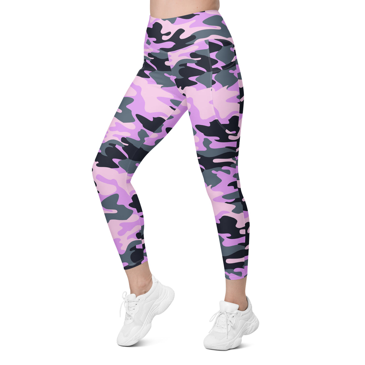 Women’s Purple Camouflage Yoga Leggings With Pockets – High-Waisted, Soft Compression Active Pants