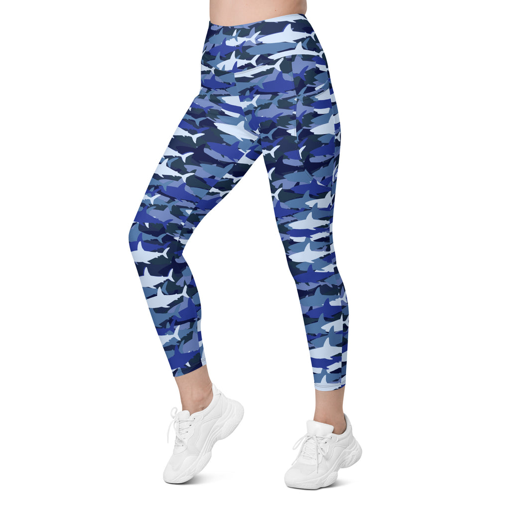 Women’s Blue Shark Camouflage Yoga Leggings With Pockets – High-Waisted, Soft Compression Active Pants