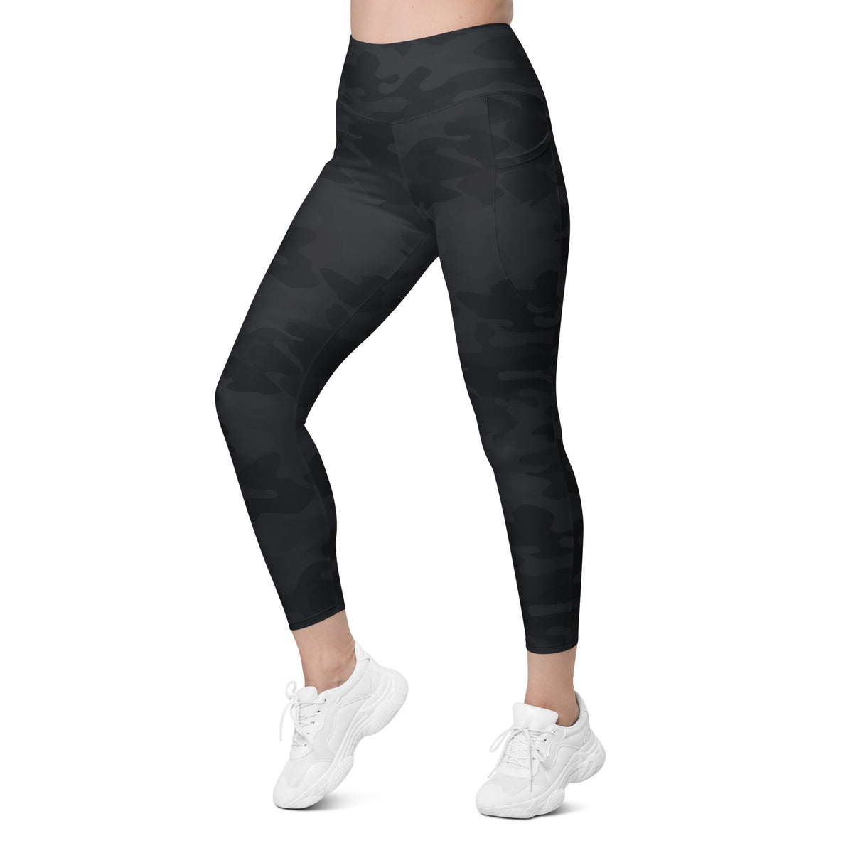 Women’s Black Camouflage Yoga Leggings With Pockets – High-Waisted, Soft Compression Active Pants
