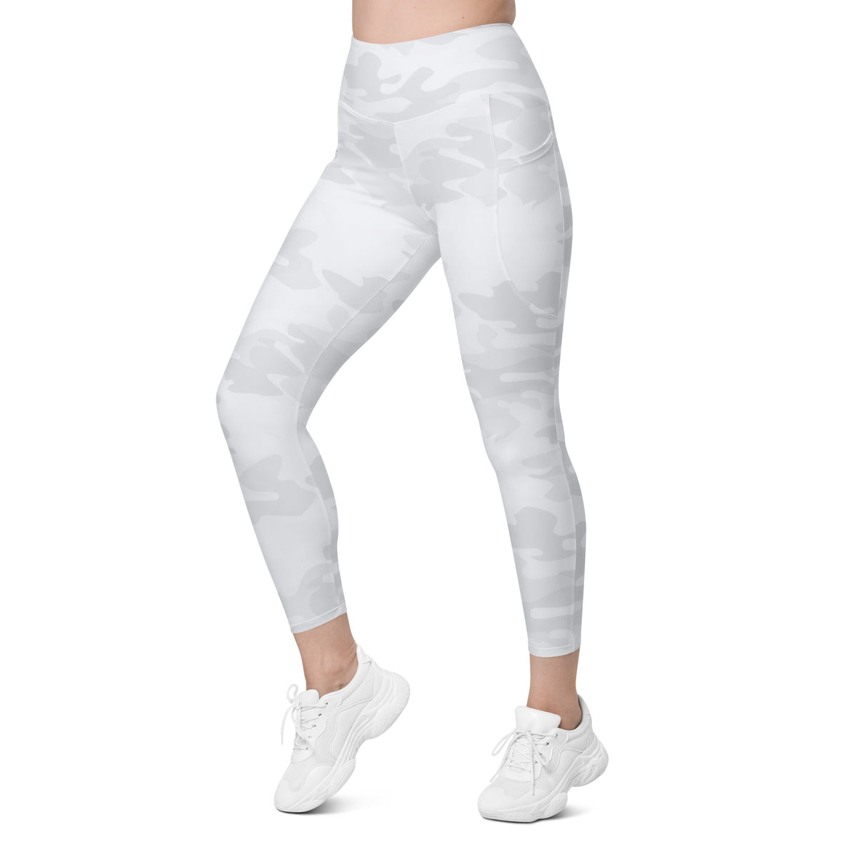 Women’s White Camouflage Yoga Leggings With Pockets – High-Waisted, Soft Compression Active Pants