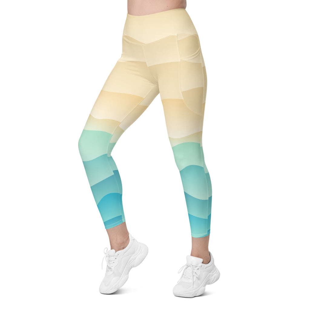 Women’s Pastel Beach Sunset Yoga Leggings With Pockets – High-Waisted, Soft Compression Active Pants