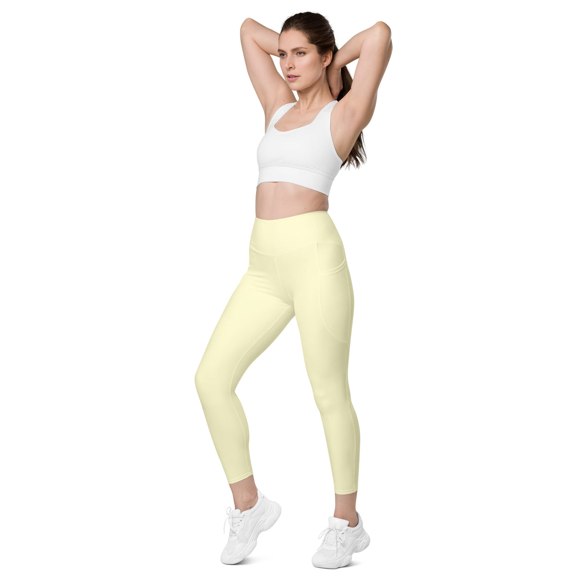 Women’s Cream Yellow Yoga Leggings With Pockets – High-Waisted, Soft Compression Active Pants