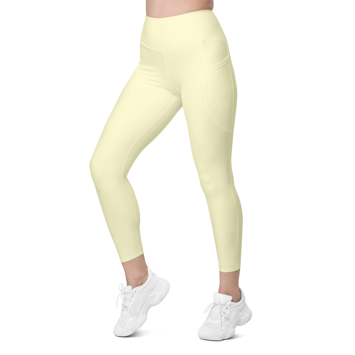 Women’s Cream Yellow Yoga Leggings With Pockets – High-Waisted, Soft Compression Active Pants