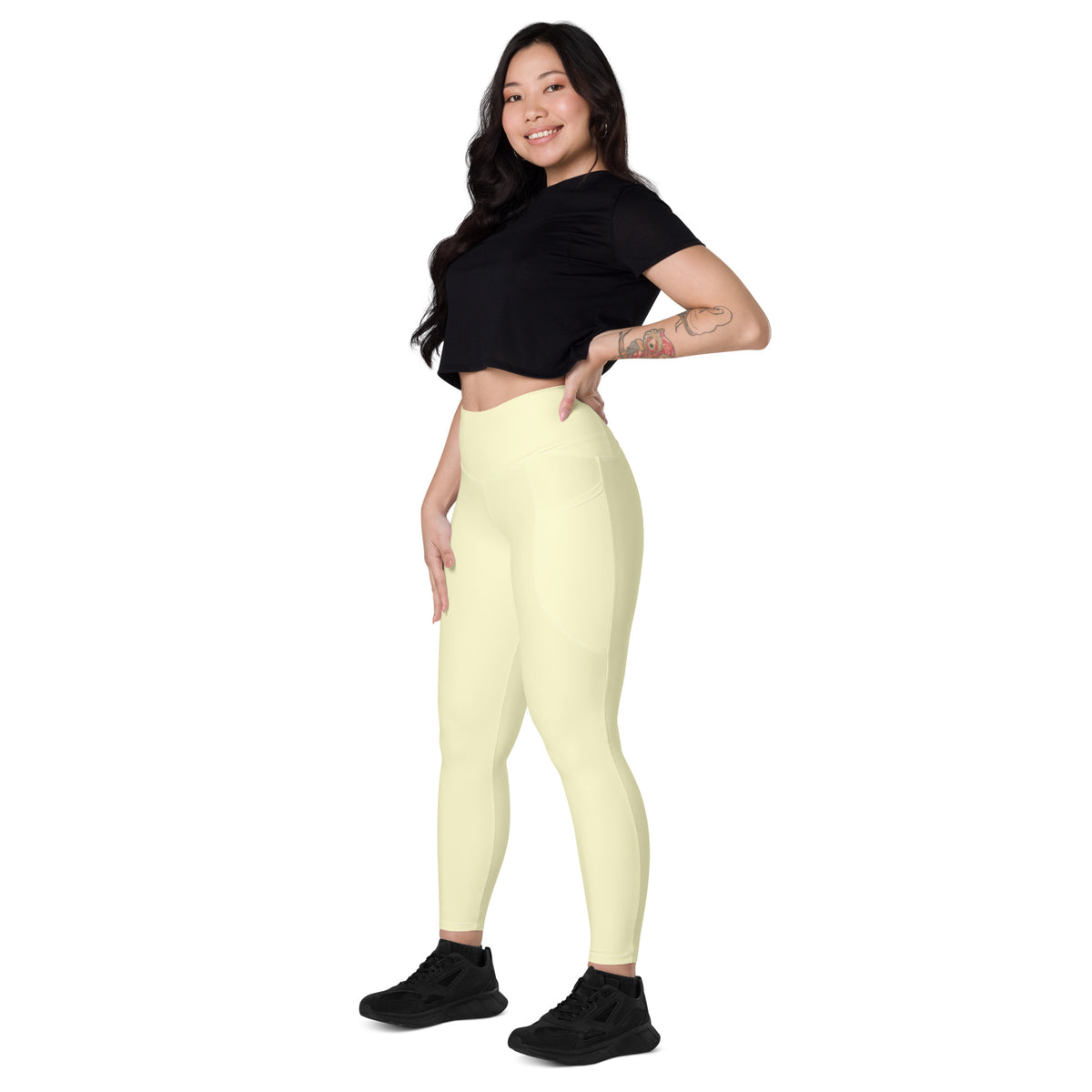 Women’s Cream Yellow Yoga Leggings With Pockets – High-Waisted, Soft Compression Active Pants