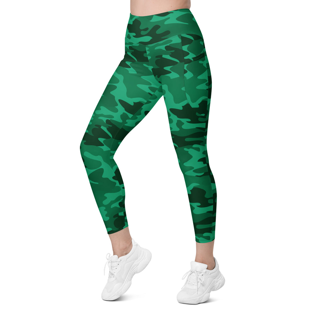 Women’s Green Camouflage Yoga Leggings With Pockets – High-Waisted, Soft Compression Active Pants