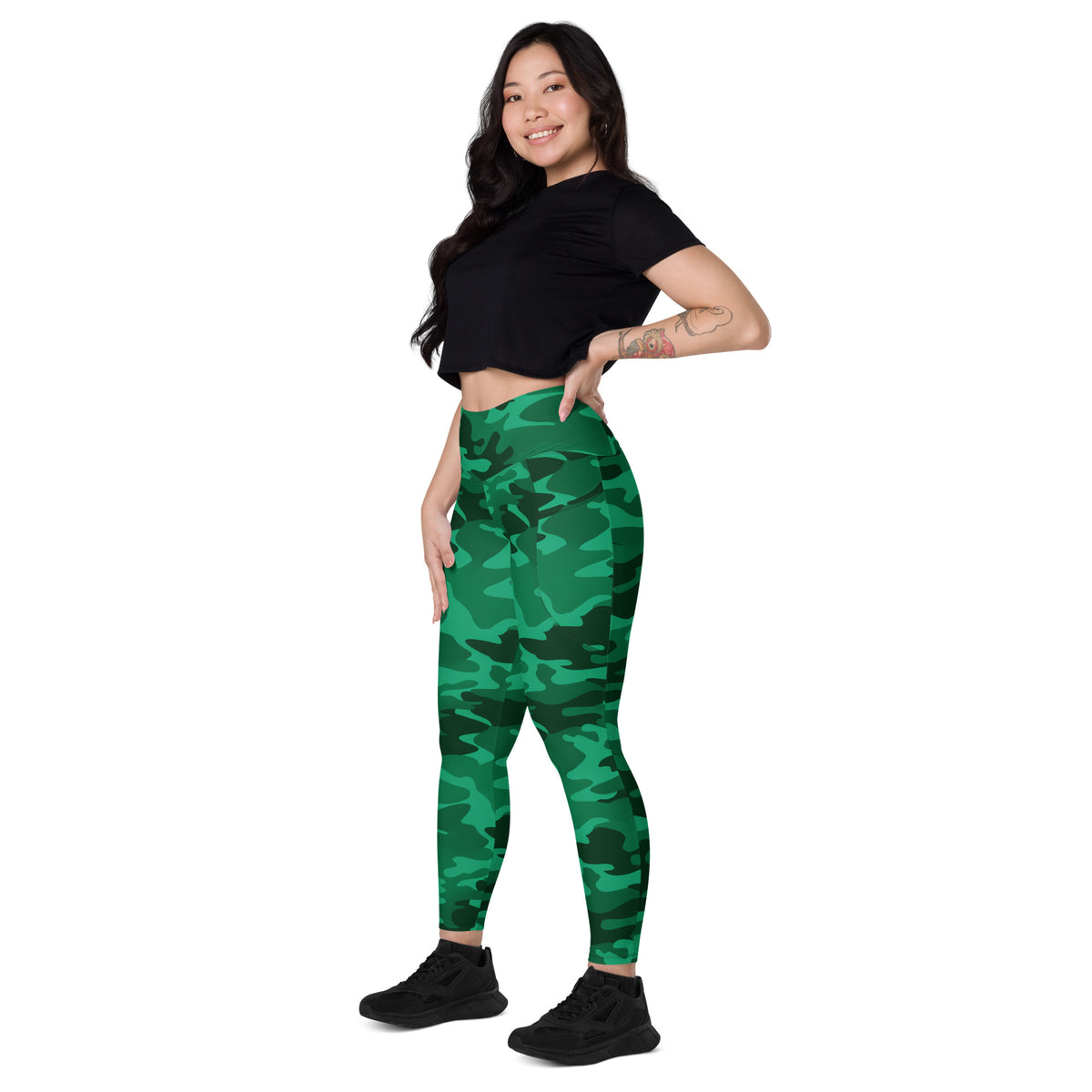 Women’s Green Camouflage Yoga Leggings With Pockets – High-Waisted, Soft Compression Active Pants