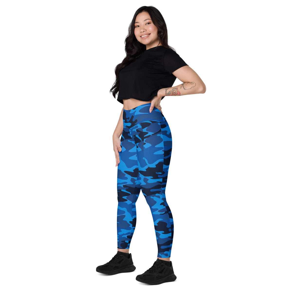Women’s Blue Camouflage Yoga Leggings With Pockets – High-Waisted, Soft Compression Active Pants
