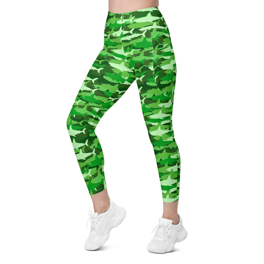 Women’s Green Shark Camouflage Yoga Leggings With Pockets – High-Waisted, Soft Compression Active Pants
