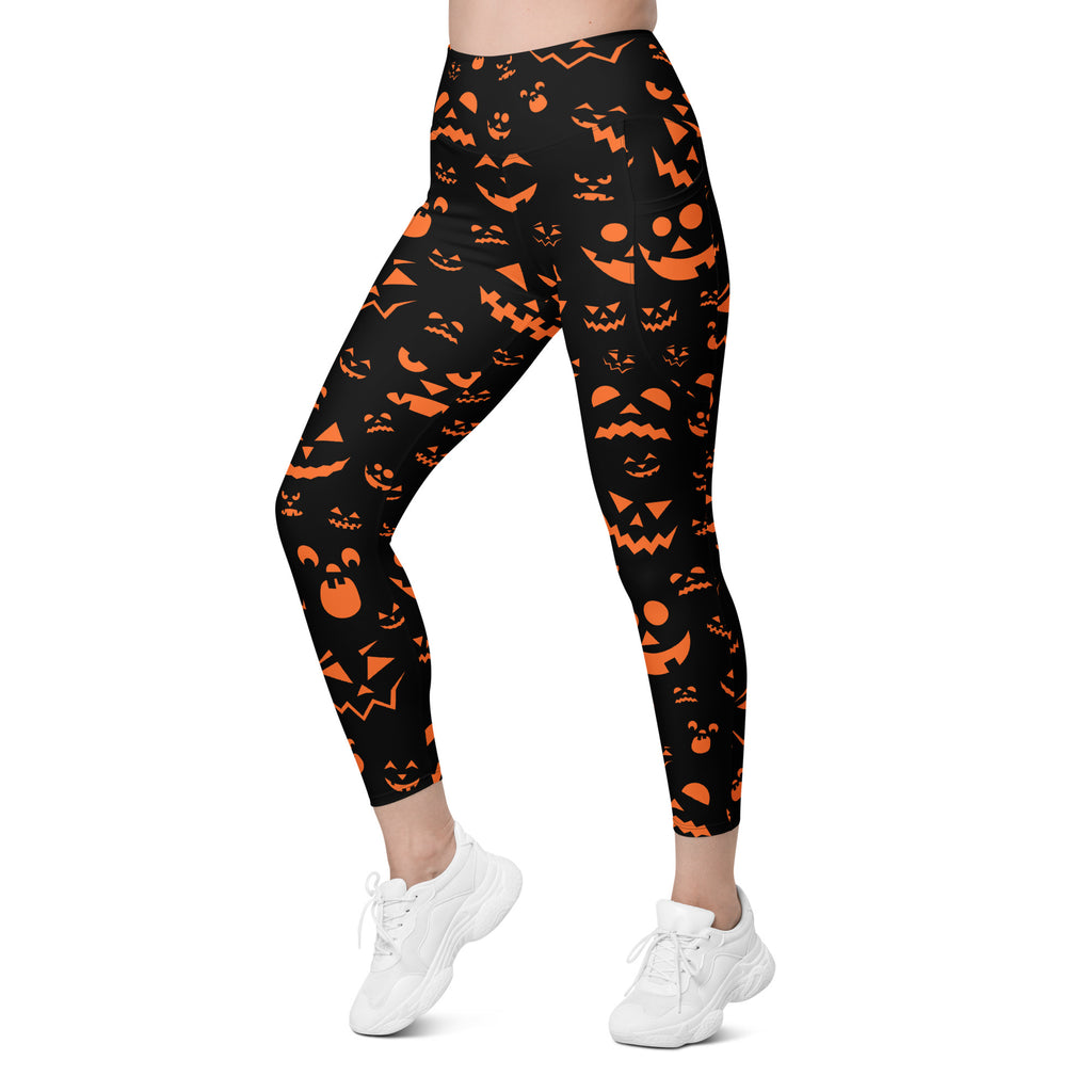 Women’s Orange Jack O’ Lantern Faces Halloween Yoga Leggings With Pockets – High-Waisted, Soft Compression Active Pants