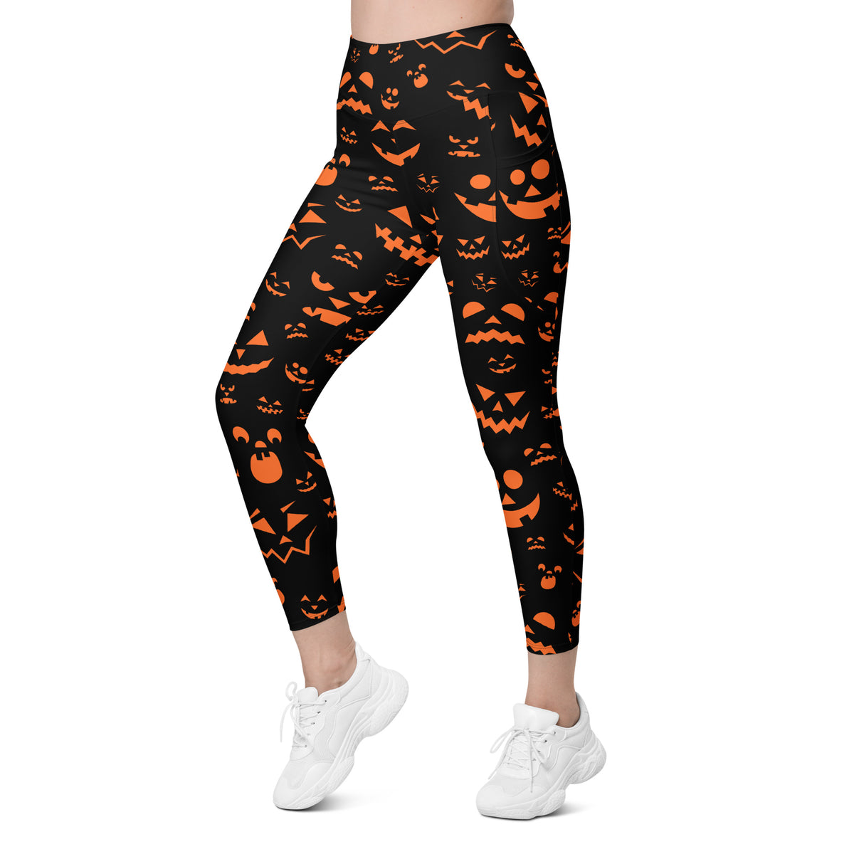 Women’s Orange Jack O’ Lantern Faces Halloween Yoga Leggings With Pockets – High-Waisted, Soft Compression Active Pants