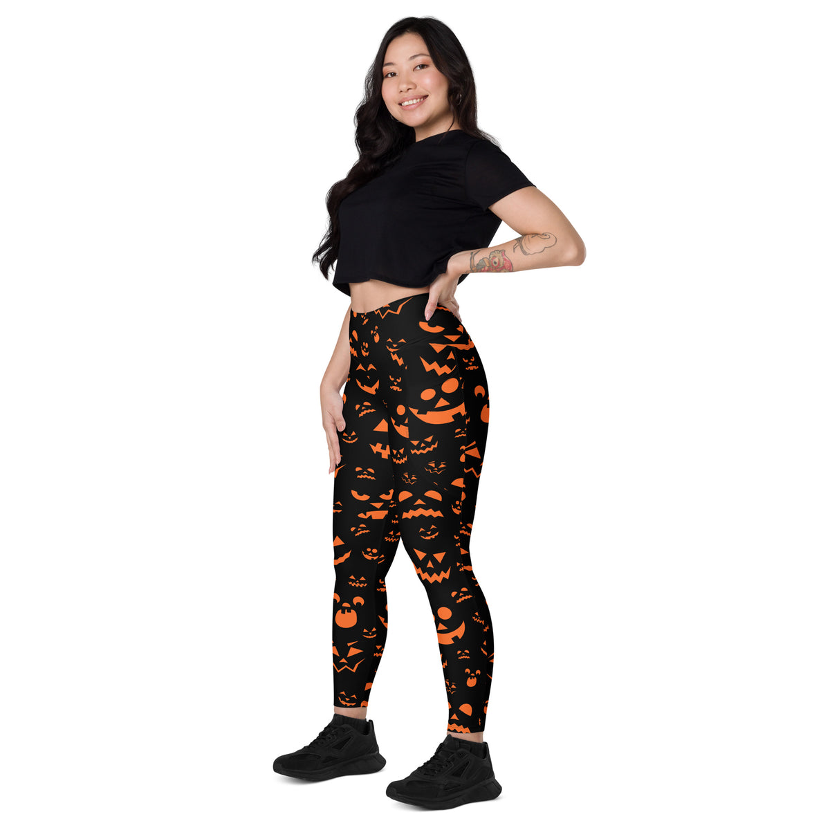 Women’s Orange Jack O’ Lantern Faces Halloween Yoga Leggings With Pockets – High-Waisted, Soft Compression Active Pants