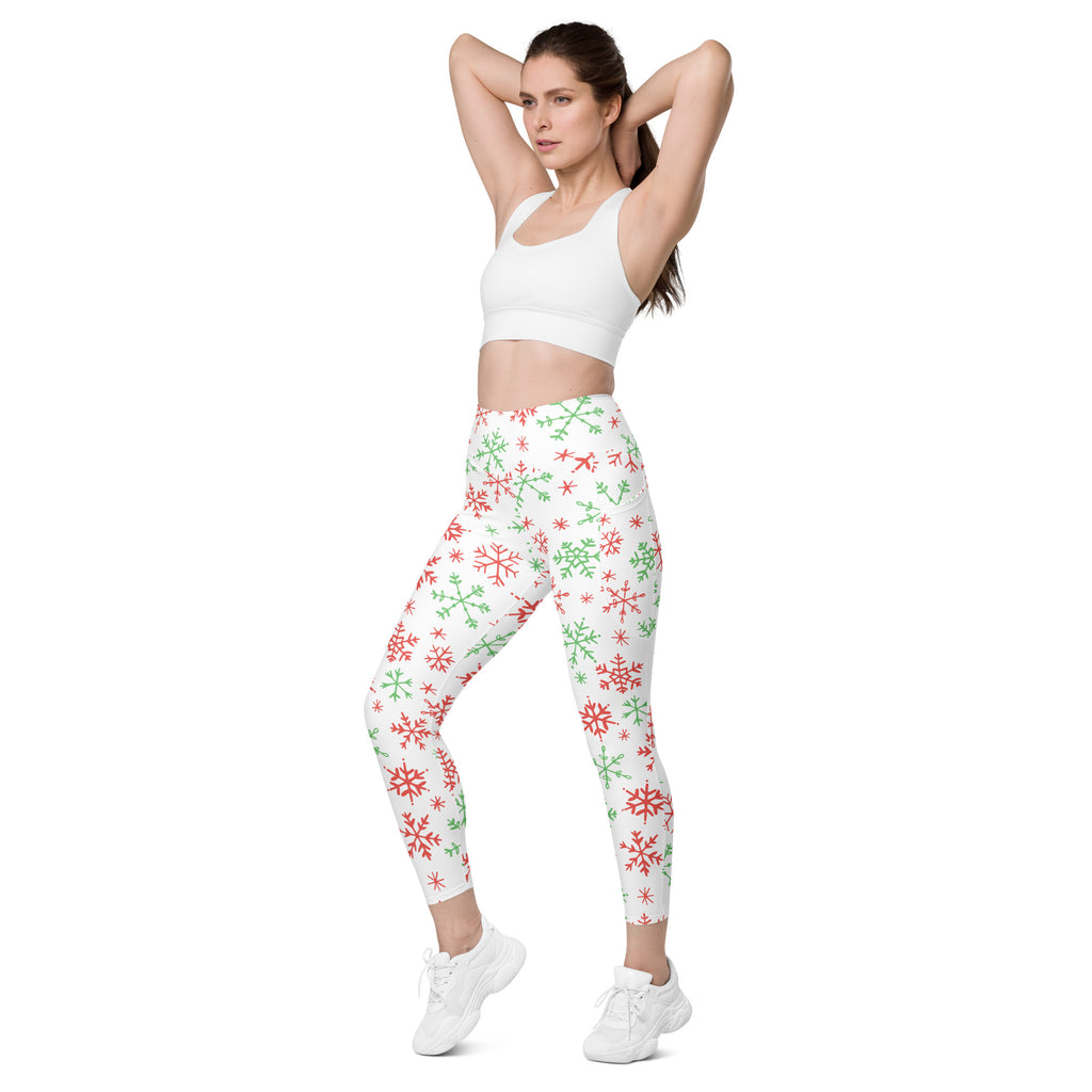 Women’s Red & Green Snowflake Christmas Yoga Leggings With Pockets – High-Waisted, Soft Compression Active Pants