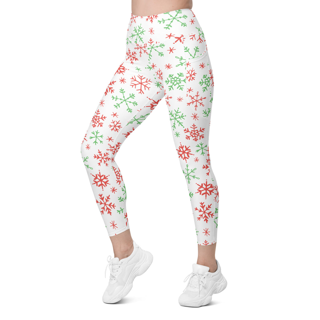 Women’s Red & Green Snowflake Christmas Yoga Leggings With Pockets – High-Waisted, Soft Compression Active Pants