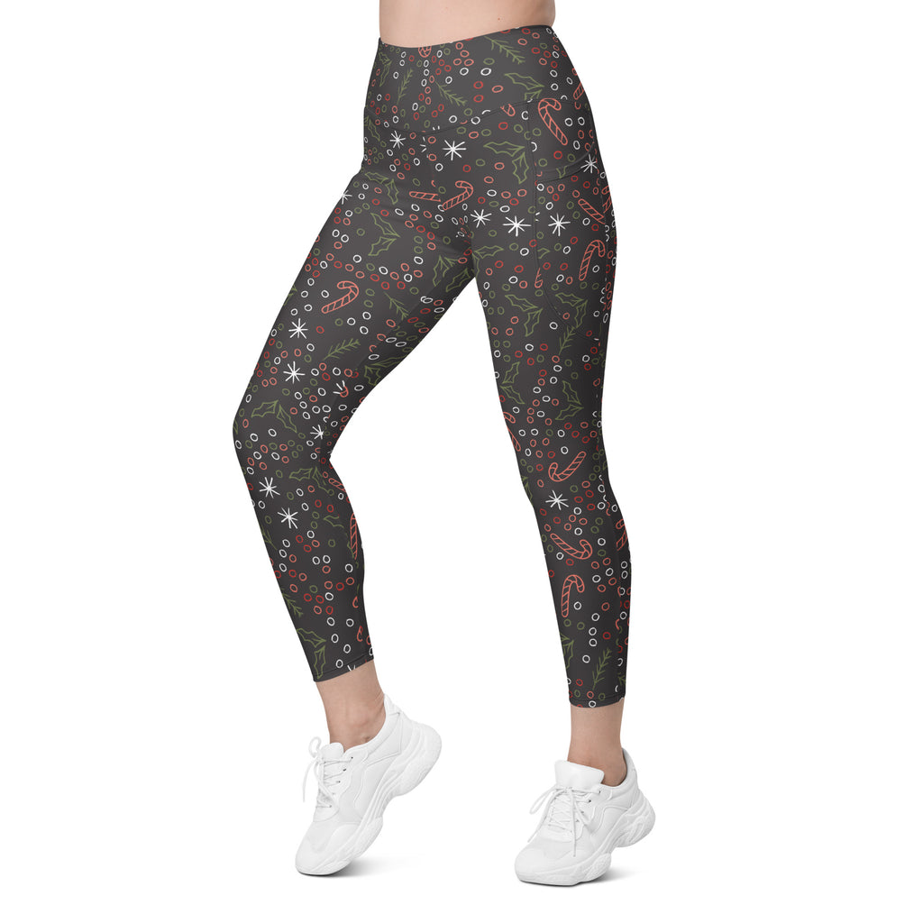 Women’s Christmas Holly & Candy Cane Yoga Leggings With Pockets – High-Waisted, Soft Compression Active Pants