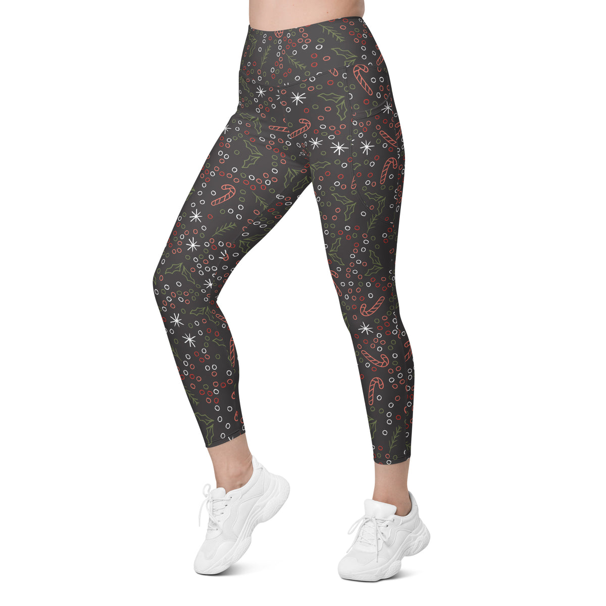 Women’s Christmas Holly & Candy Cane Yoga Leggings With Pockets – High-Waisted, Soft Compression Active Pants