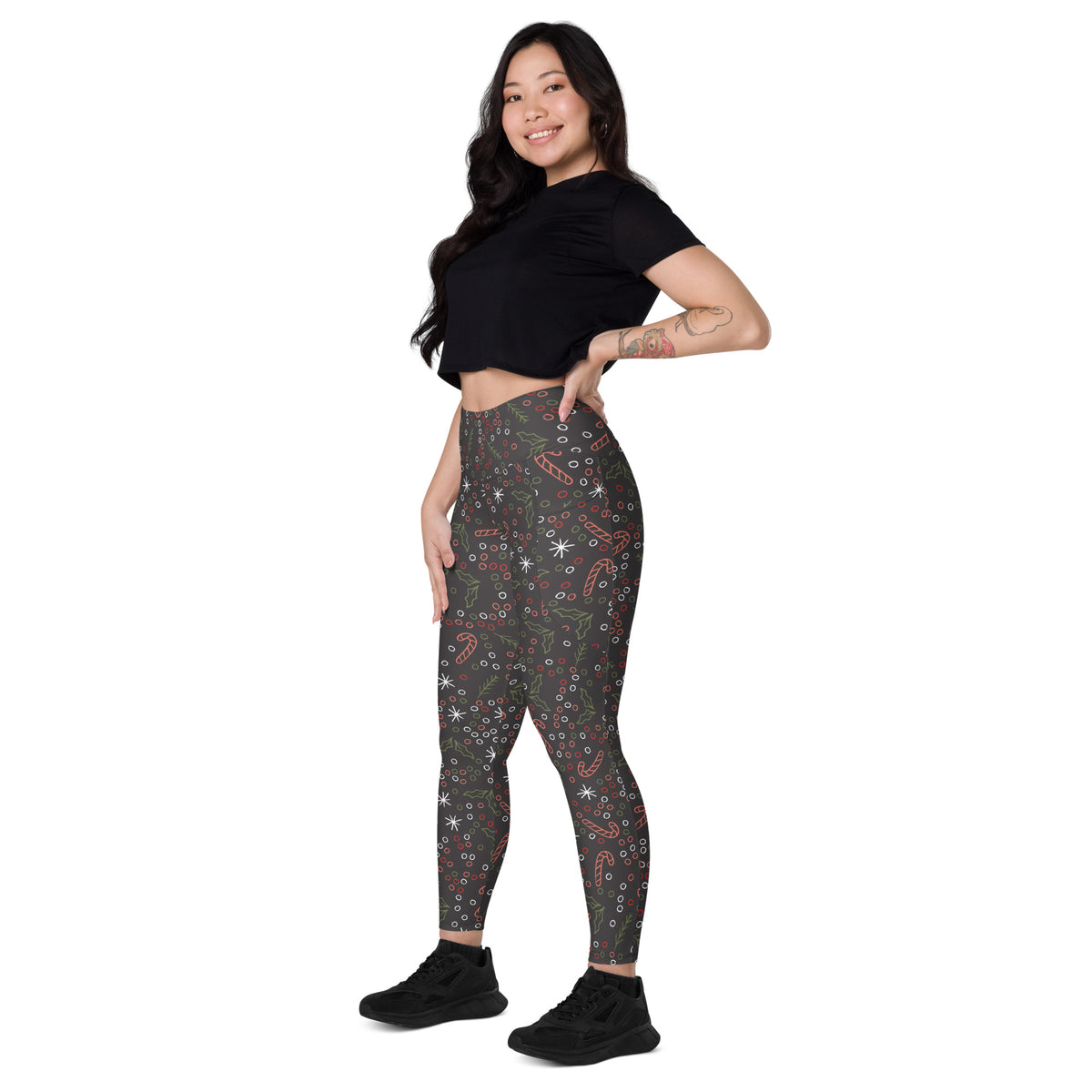 Women’s Christmas Holly & Candy Cane Yoga Leggings With Pockets – High-Waisted, Soft Compression Active Pants