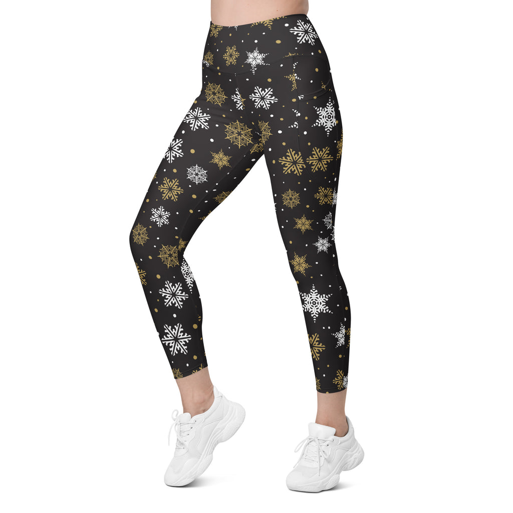 Women’s Dark Brown & Gold Snowflake Yoga Leggings With Pockets – High-Waisted, Soft Compression Active Pants