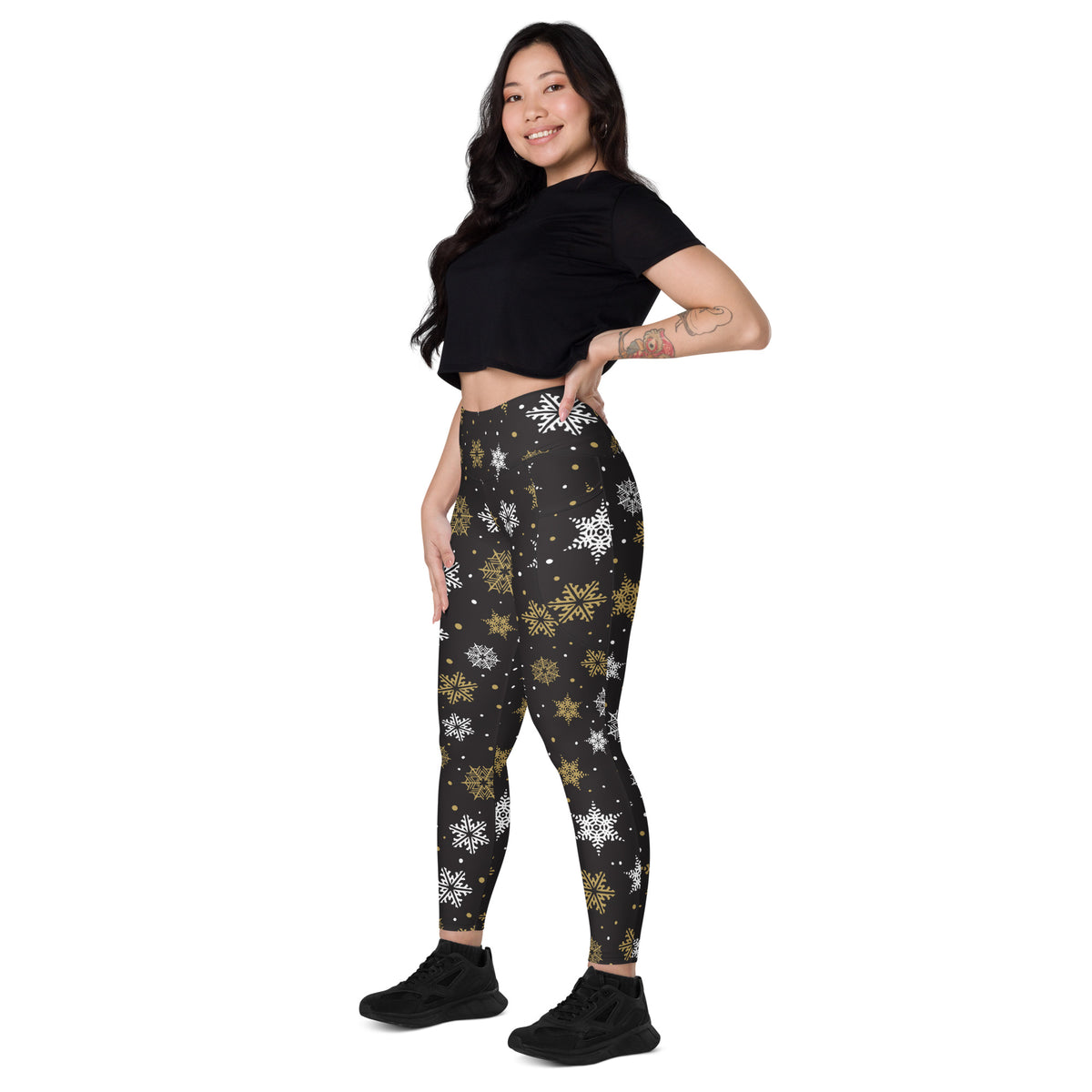 Women’s Dark Brown & Gold Snowflake Yoga Leggings With Pockets – High-Waisted, Soft Compression Active Pants