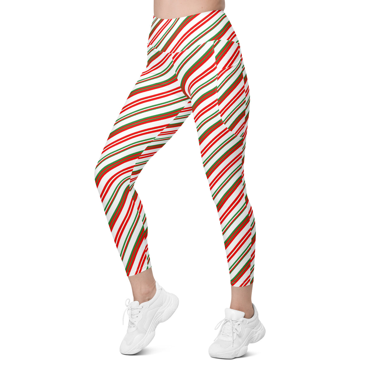 Women’s Christmas Candy Cane Stripe Yoga Leggings With Pockets – High-Waisted, Soft Compression Active Pants
