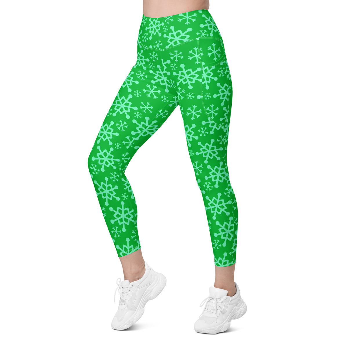 Women’s Green Snowflake Christmas Yoga Leggings With Pockets – High-Waisted, Soft Compression Active Pants