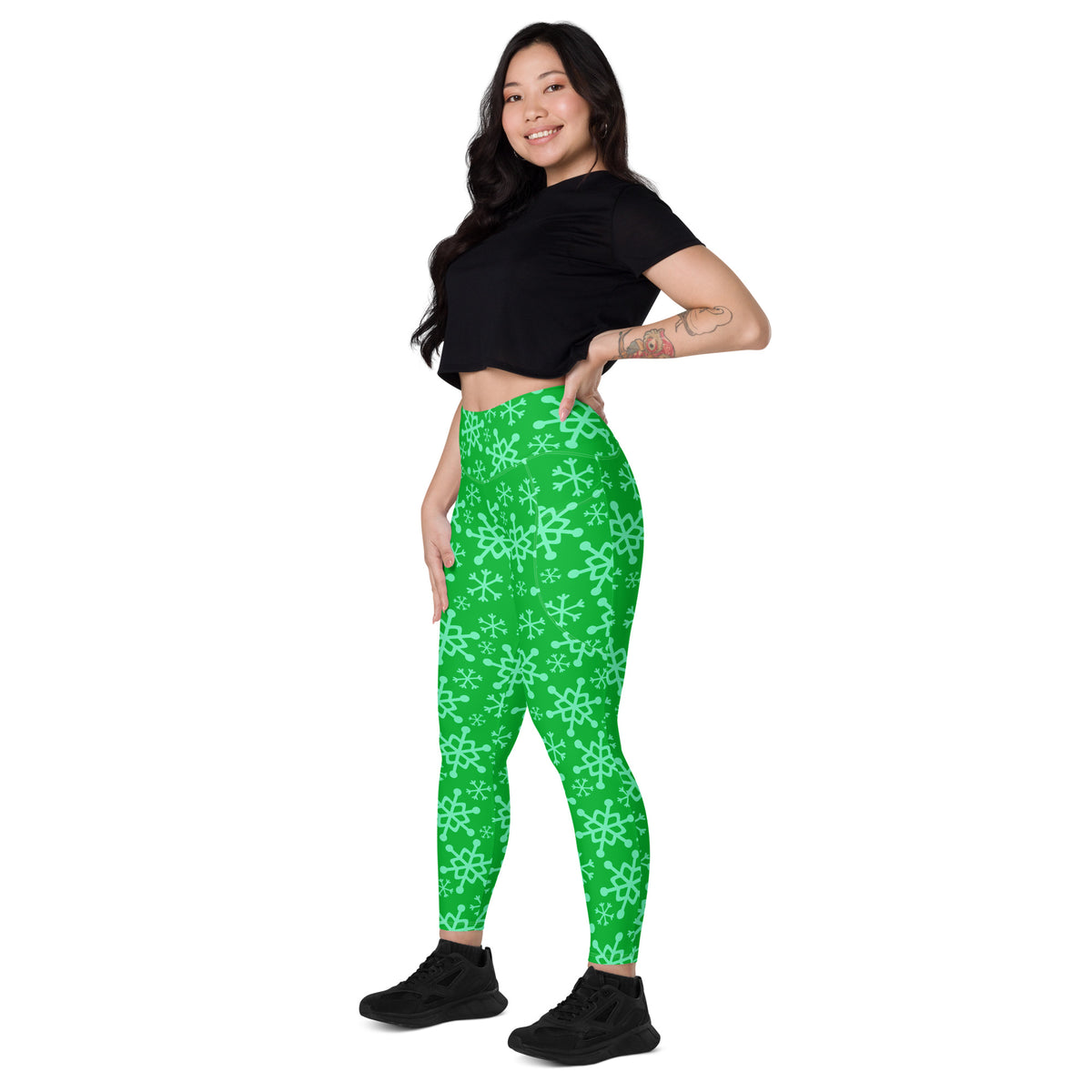 Women’s Green Snowflake Christmas Yoga Leggings With Pockets – High-Waisted, Soft Compression Active Pants