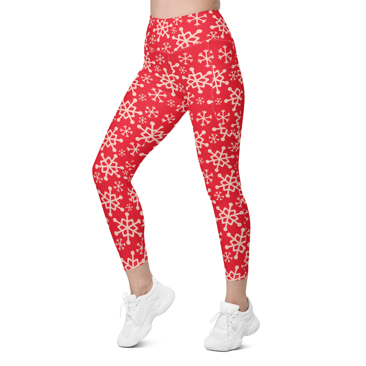 Women’s Red Snowflake Christmas Yoga Leggings With Pockets – High-Waisted, Soft Compression Active Pants