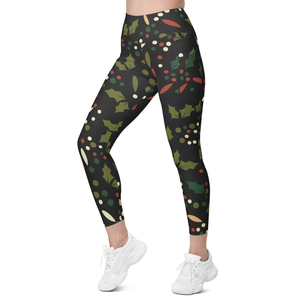 Women’s Christmas Holly Berry Yoga Leggings With Pockets – High-Waisted, Soft Compression Active Pants