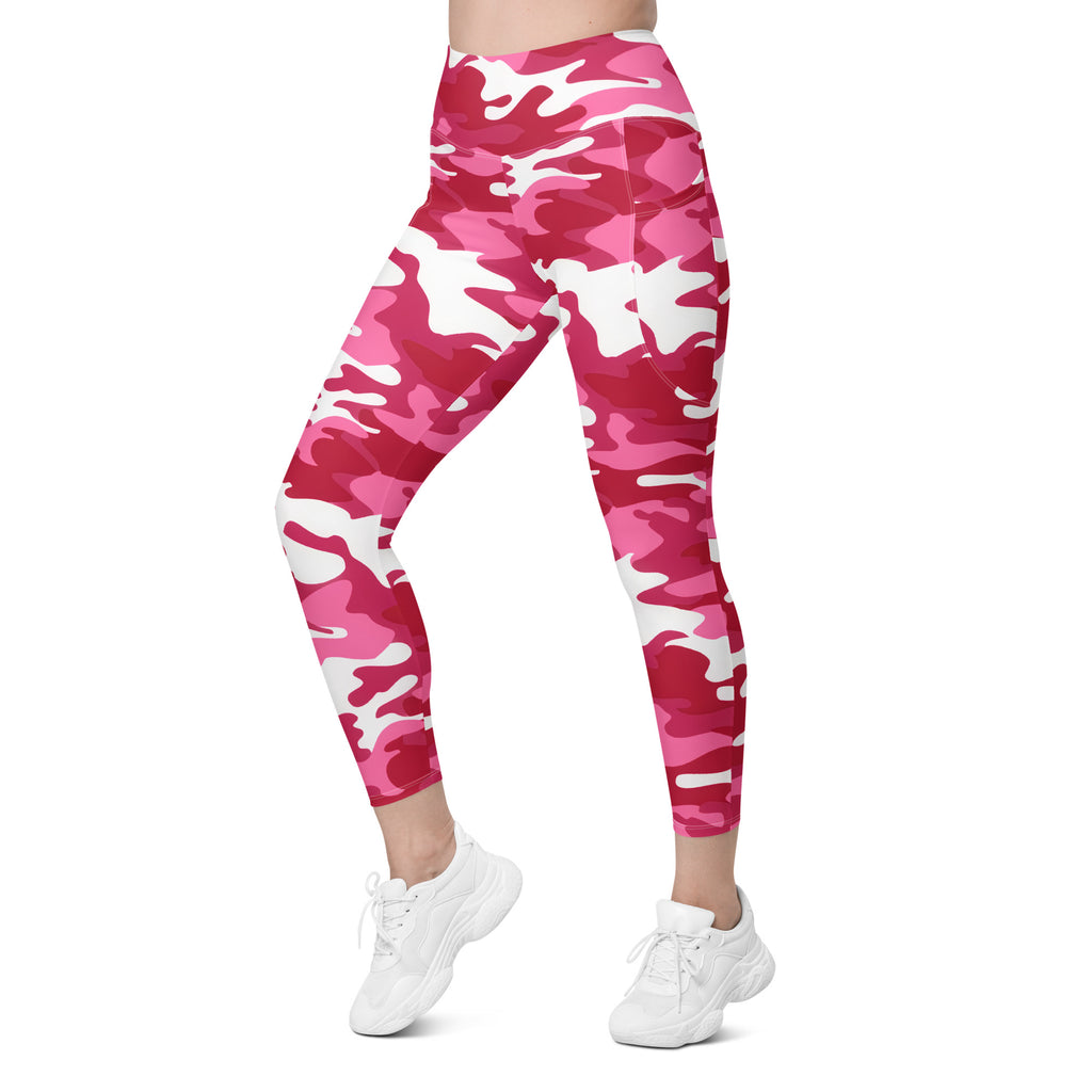 Women’s Bright Pink Camouflage Yoga Leggings With Pockets – High-Waisted, Soft Compression Active Pants