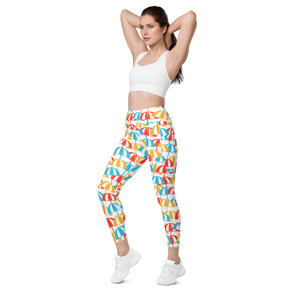 Women’s Colorful Beach Umbrella Leggings With Pockets – High-Waisted, Soft Compression Active Pants