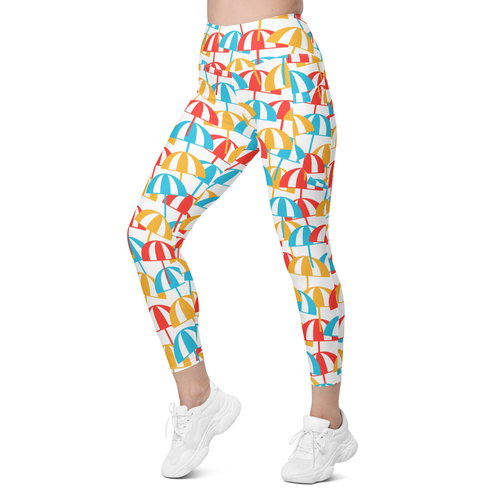 Women’s Colorful Beach Umbrella Leggings With Pockets – High-Waisted, Soft Compression Active Pants